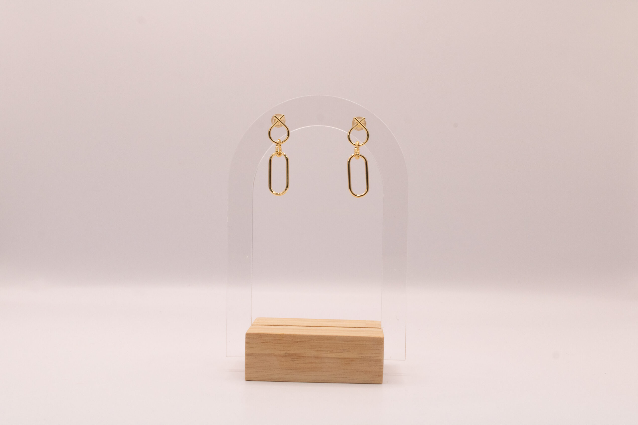 Gold-Fill geometric wire drop earrings (30 mm length).